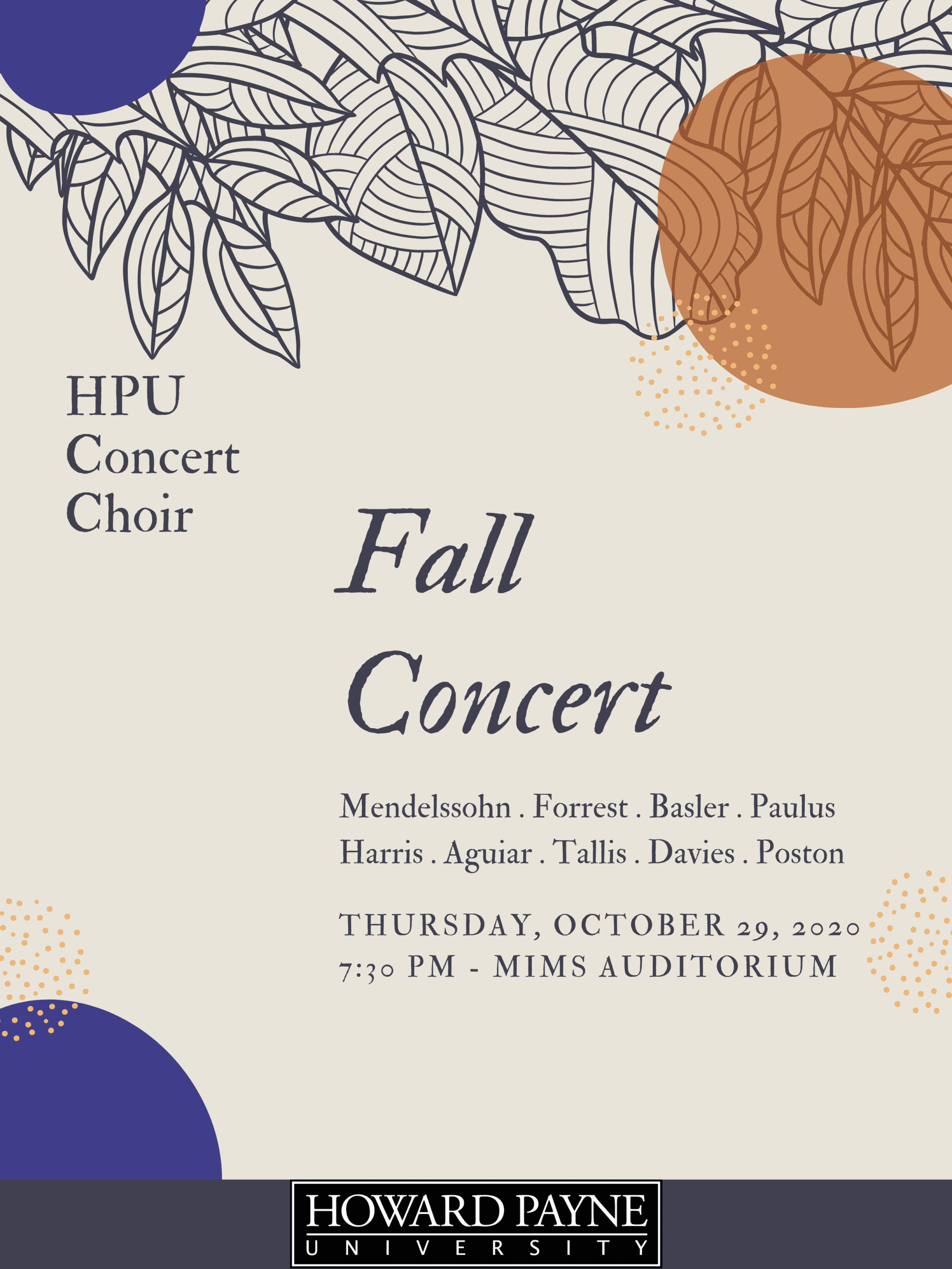 A promotional poster for the Howard Payne University Choir's fall concert featuring a list of composers, scheduled for Thursday, October 29, 2020, with a decorative autumnal theme. | HPU
