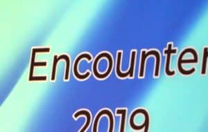 Close-up of text "encounter 2019" at Howard Payne University with a blue gradient background. | HPU