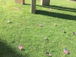 American flags dispersed across Howard Payne University lawn with shadows of poles in the background. | HPU