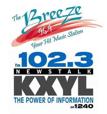 Radio station logos showcasing different genres: 'the breeze 96.9 your hit music station', '102.3 fm newstalk', and 'Howard Payne University's kxyl the power of information | HPU