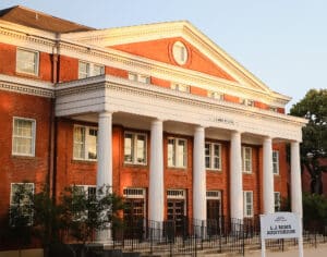Sun shines on the front of L.J. Mims Auditorium on HPU's Campus
