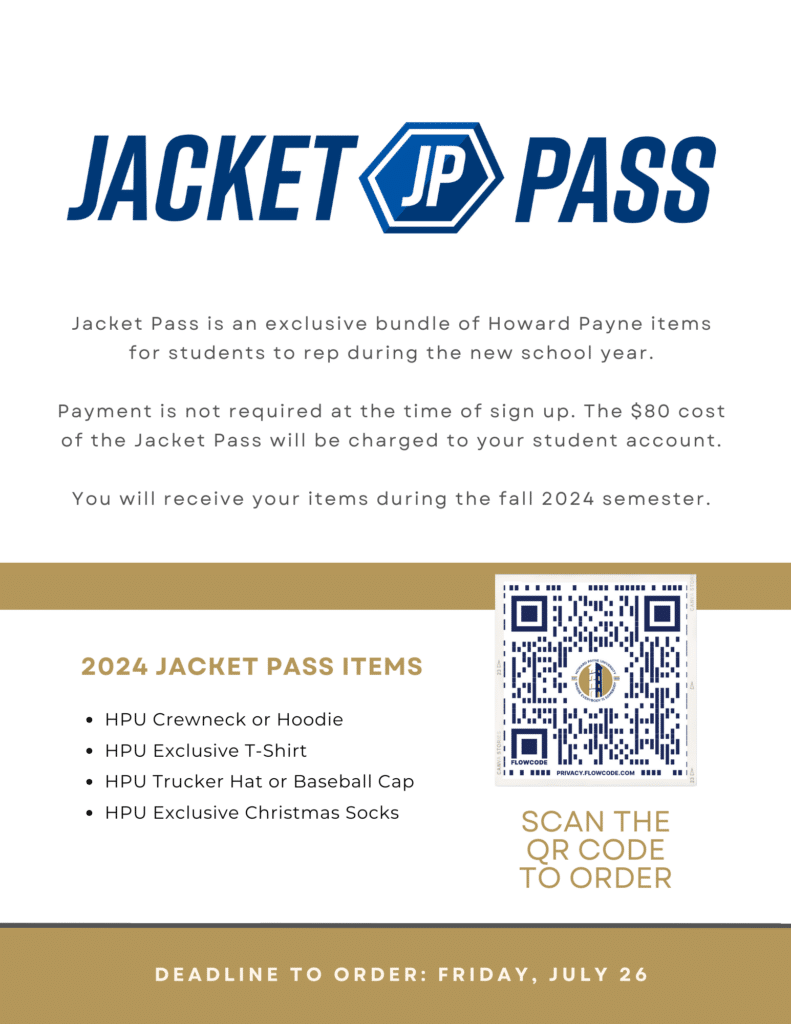 Promotional flyer for "jacket pass" featuring a list of exclusive items, qr code, and a deadline notice for order placement. | HPU