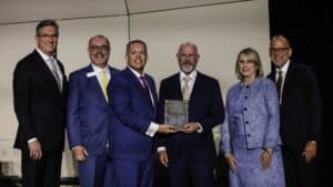 The J.E. & L.E. Mabee Foundation, Inc., was this year’s recipient of the Dr. John D. Robnett Founders Award. Pictured are, from left, Dr. Ronny Marriott, HPU trustee and president of Texas Baptists; Dr. Julio Guarneri, executive director of Texas Baptists; Dr. Cory Hines, HPU president; Mr. John Mabee, family member and chairman of the Board of Trustees of the J.E. & L.E. Mabee Foundation, Inc.; his wife, Mrs. Gayla Mabee; and Mr. Mike Goeke, executive director of the J.E. & L.E. Mabee Foundation, Inc.