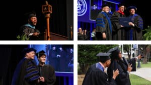 A Collage of photos: Photo #1: The Honorable Draco A. Miller gives an address to the graduates during HPU’s Commencement ceremony. Photo #2: Pastor Ray Still (center), former chair of HPU’s Board of Trustees, received an honorary doctorate in recognition of his service to the university. He is pictured with Dr. Donnie Auvenshine, vice president for academic affairs, and Dr. Cory Hines, president. Photo #3: Dr. Cory Hines, HPU president, poses for a photo with graduate Caleb Wheelington. Photo #4: Graduates celebrate their accomplishment with a photo following HPU’s Commencement ceremony.