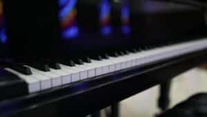 Close up of piano keys in Howard Payne University's Grace Chapel.