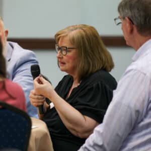 Michelle Salzman, guest speaker at HPU’s restorative justice seminar, shares insights during the question-and-answer session.