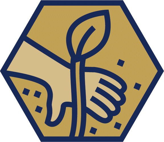 Howard Payne University’s core value of Dedicated to Stewardship is represented by a hand planting a plant.